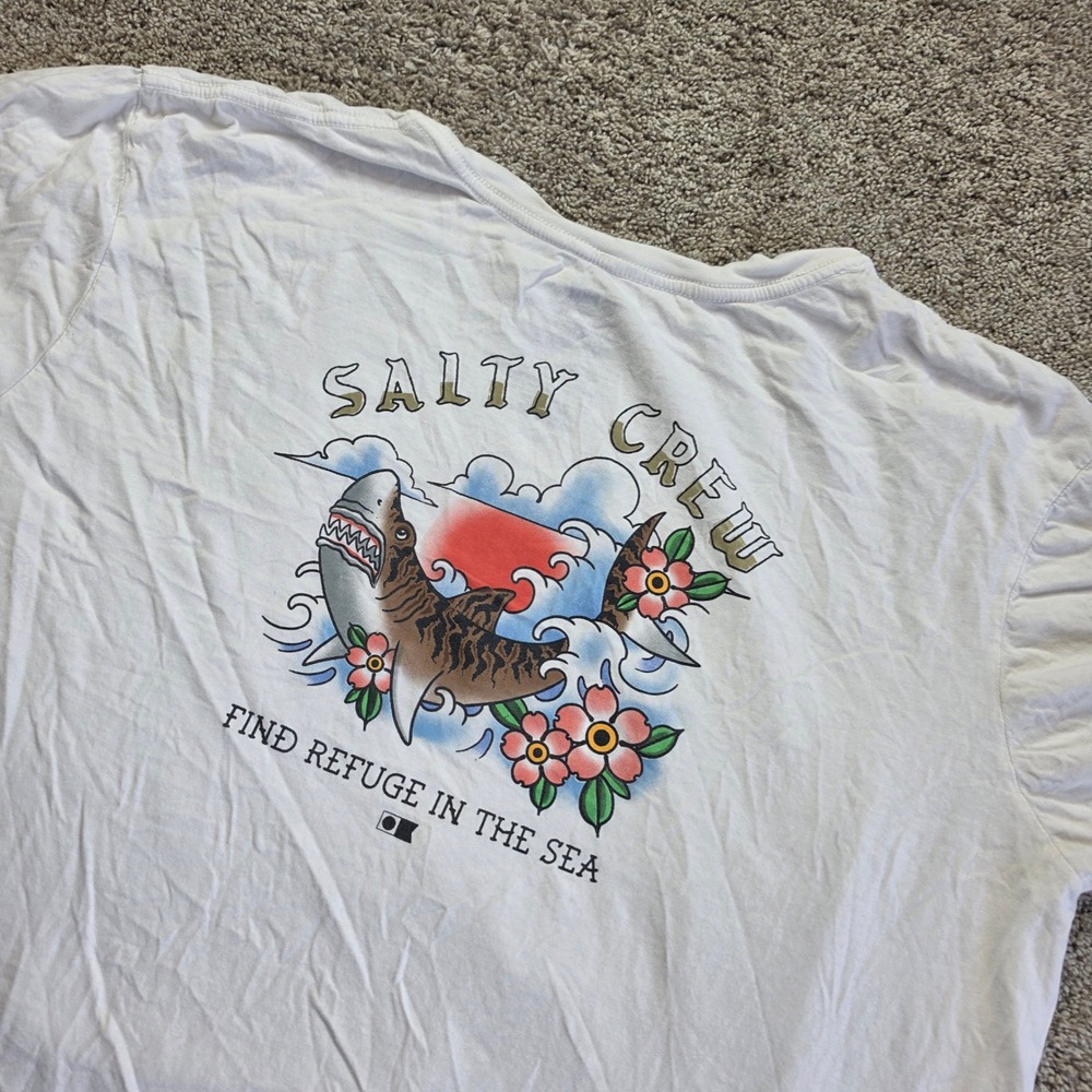 Salty Crew Shark Shirt Mens XL White Cotton Short Sleeve Surf Beach Fishing